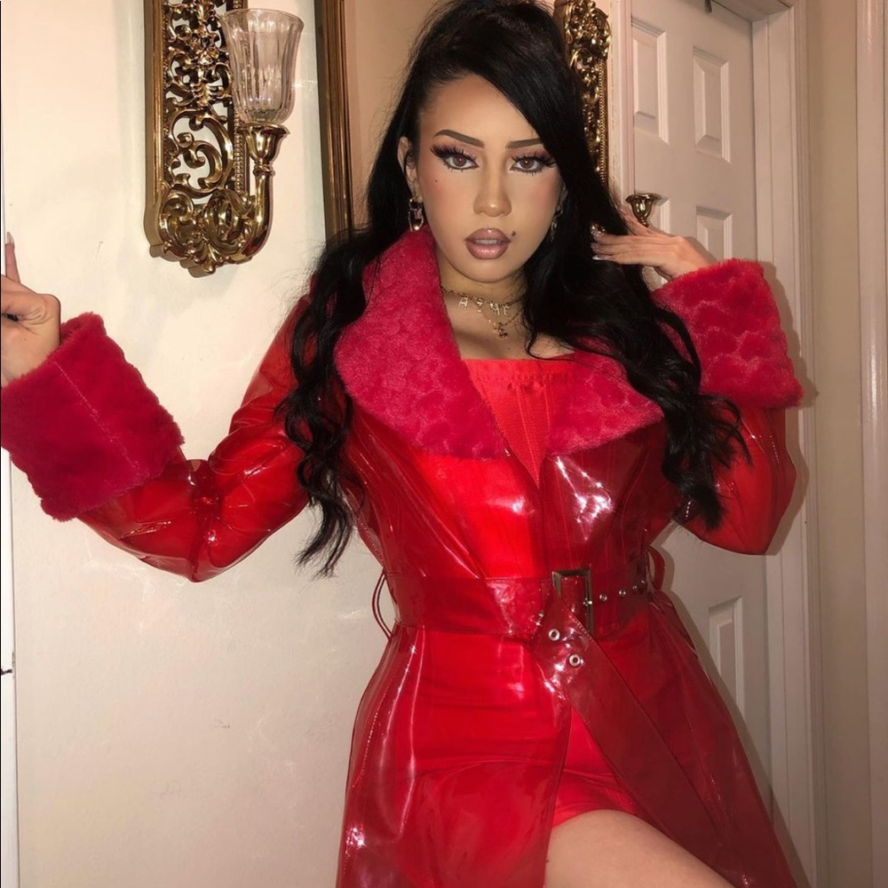 Sugar Thrillz Red Faux Vinyl Trench Coat with Faux Fur Collar & Cuffs